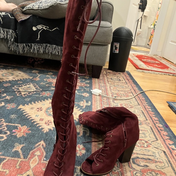 Mark & Maddux Burgundy Over-The-Knee Peep Toe Boots - Picture 5 of 6